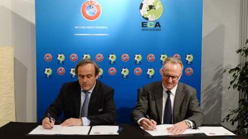 Президент УЕФА Мишель Платини и председатель ECA Карл-Хайнц Румменигге